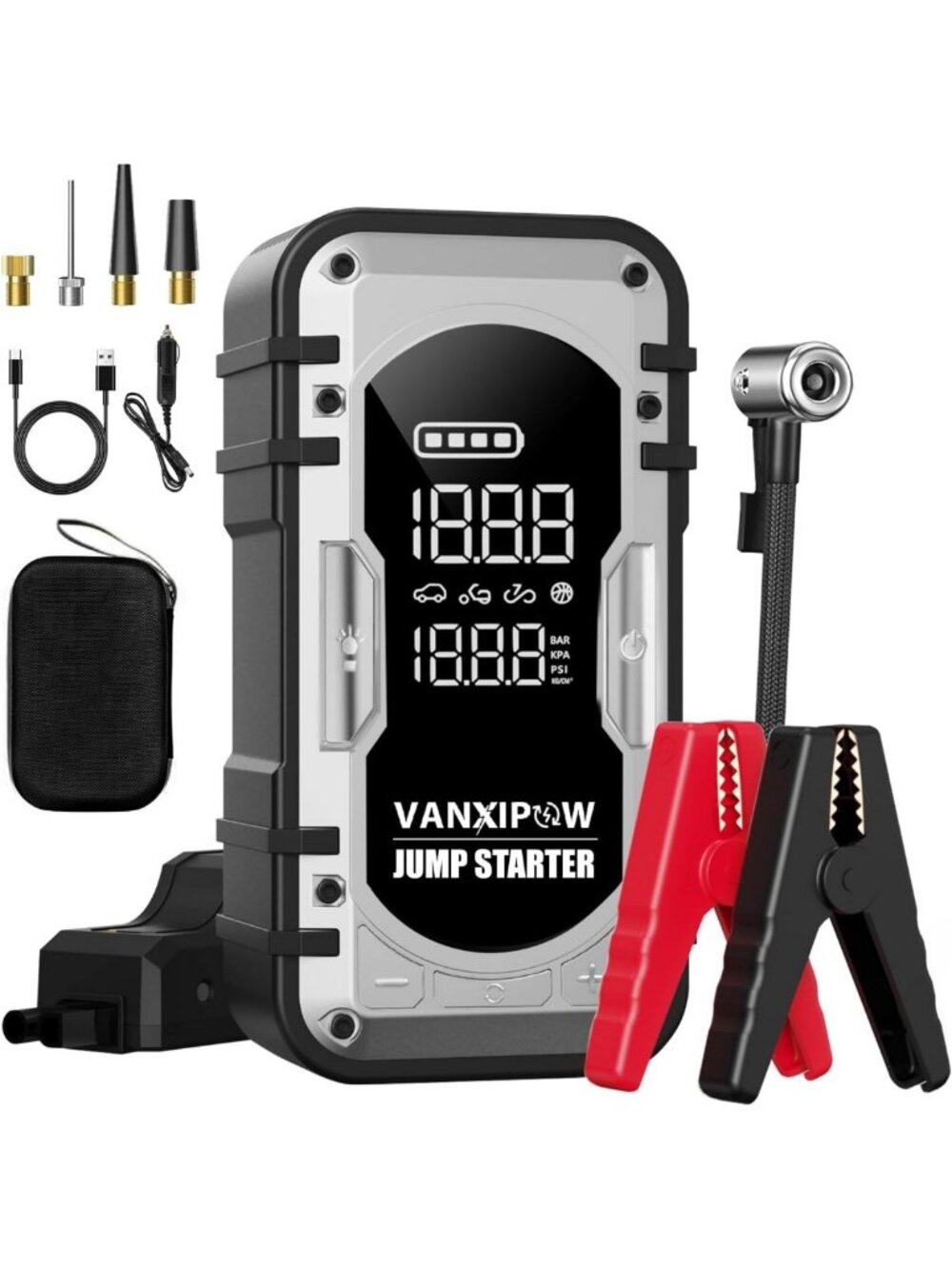 8000A Portable Jump Starter & Air Compressor, 150PSI, LED Light, Power Bank
